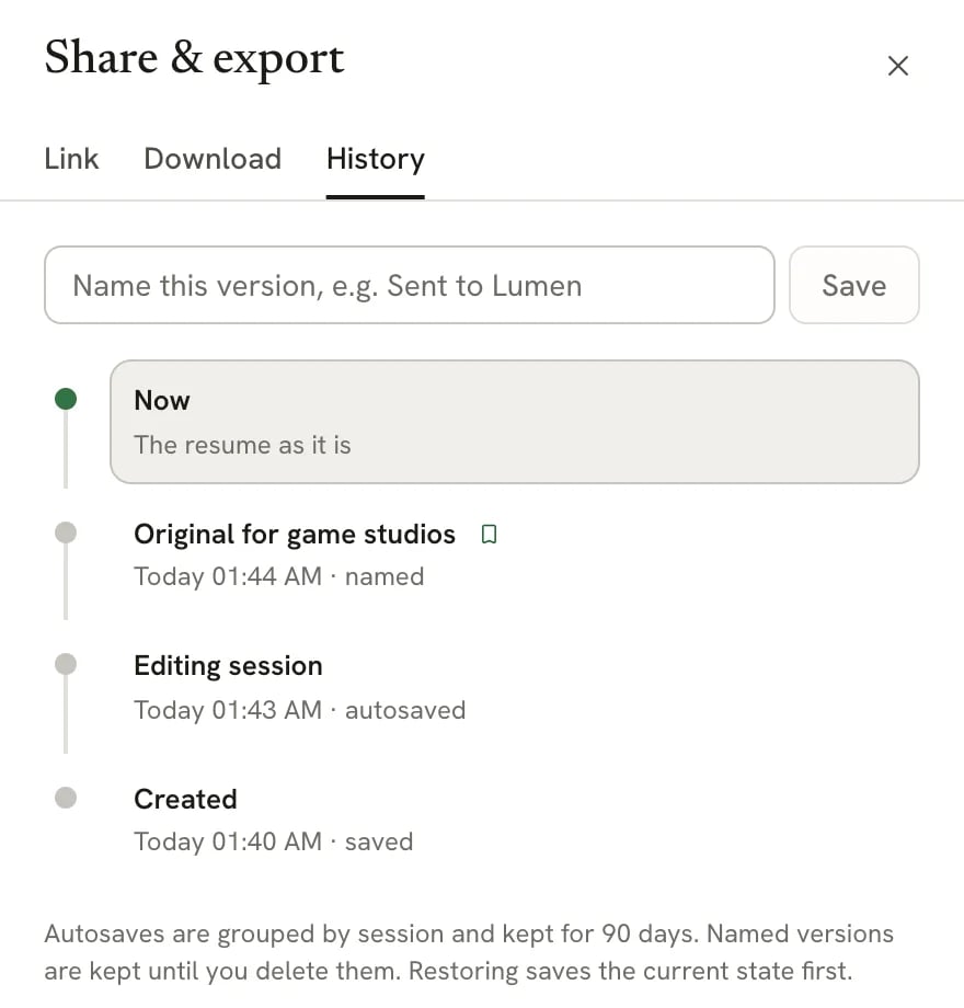 The History tab of the Share & export panel: a field to name the current version, then a timeline with Now, a named version marked with a bookmark, an Editing session and Created