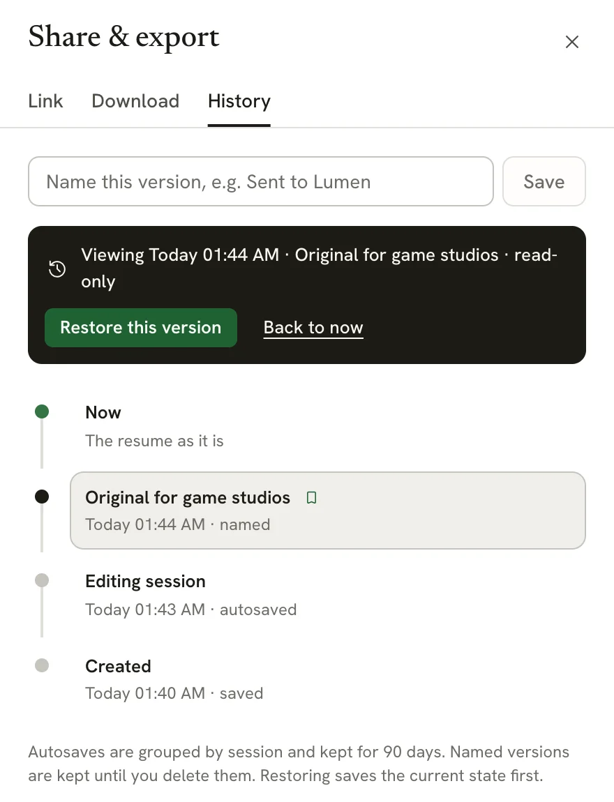 The History tab with a dark bar reading Viewing Today 01:44 AM · Original for game studios · read-only, with Restore this version and Back to now buttons, and the named version selected in the timeline