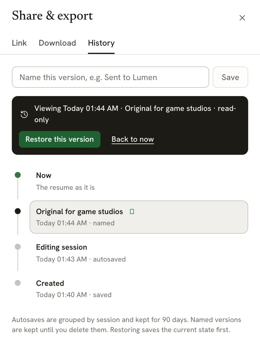 The History tab with a dark bar reading Viewing Today 01:44 AM · Original for game studios · read-only, with Restore this version and Back to now buttons, and the named version selected in the timeline