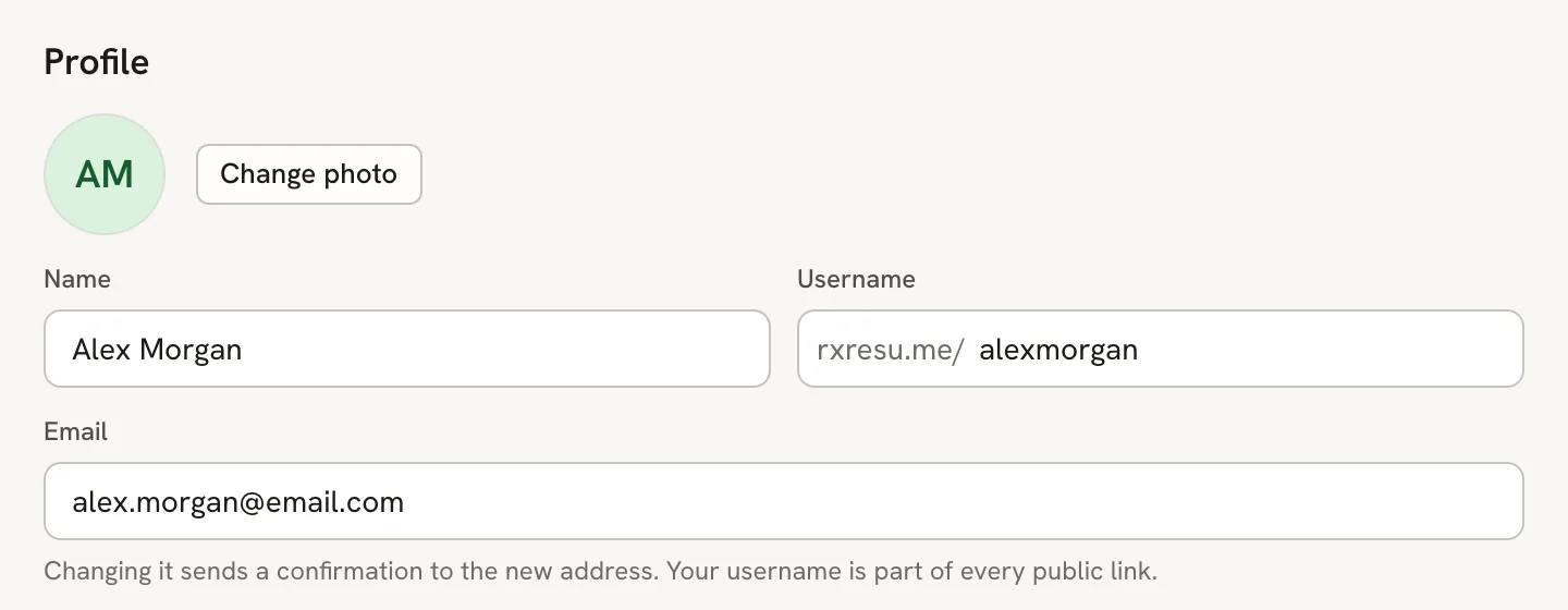 The Profile section with an initials avatar, a Change photo button, Name and Username fields, and an Email field with a hint about confirmation