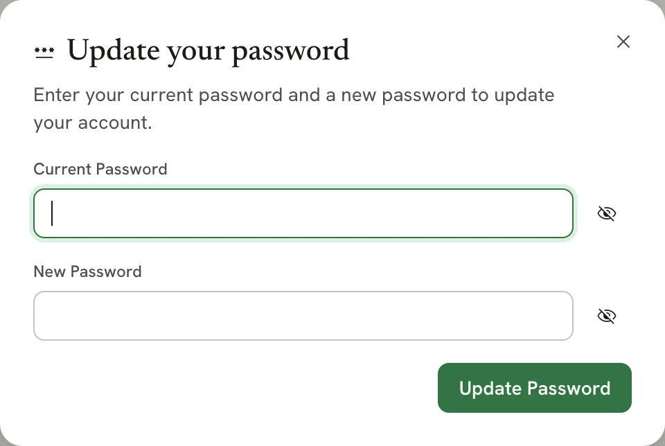 The Update your password dialog with Current Password and New Password fields and an Update Password button