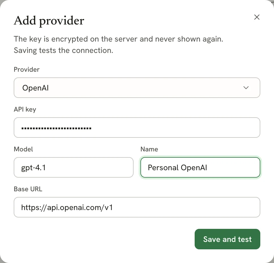 Add provider dialog with Provider set to OpenAI, a hidden API key, Model gpt-4.1, Name Personal OpenAI and the default OpenAI base URL