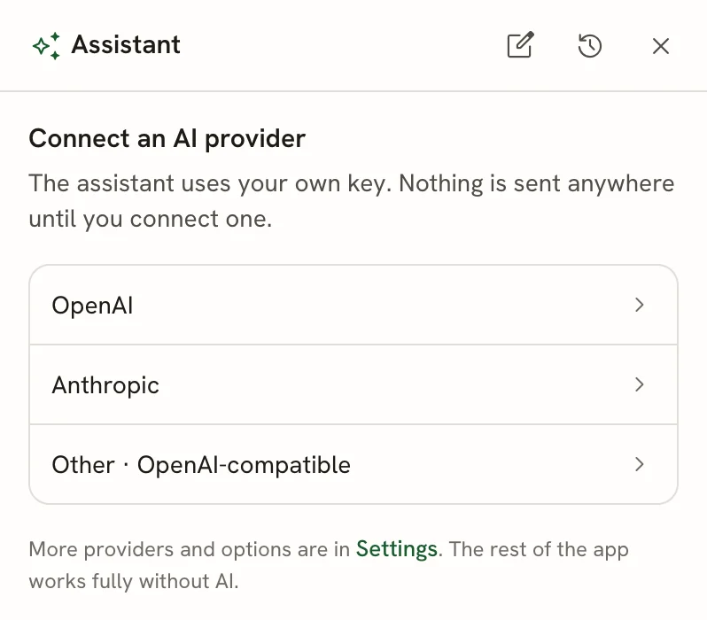 Assistant panel showing Connect an AI provider, with OpenAI, Anthropic and Other · OpenAI-compatible options and a link to Settings for more providers