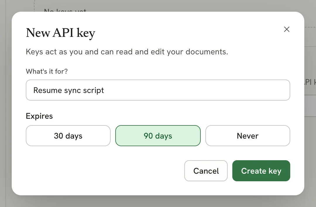 New API key dialog with the name Resume sync script entered and 90 days selected under Expires