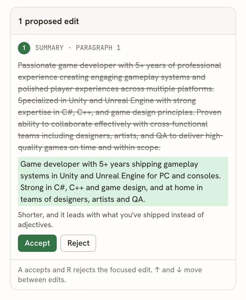 Card titled 1 proposed edit, with the location Summary · paragraph 1, the old summary struck through, the shorter new summary highlighted in green, the reason, and Accept and Reject buttons