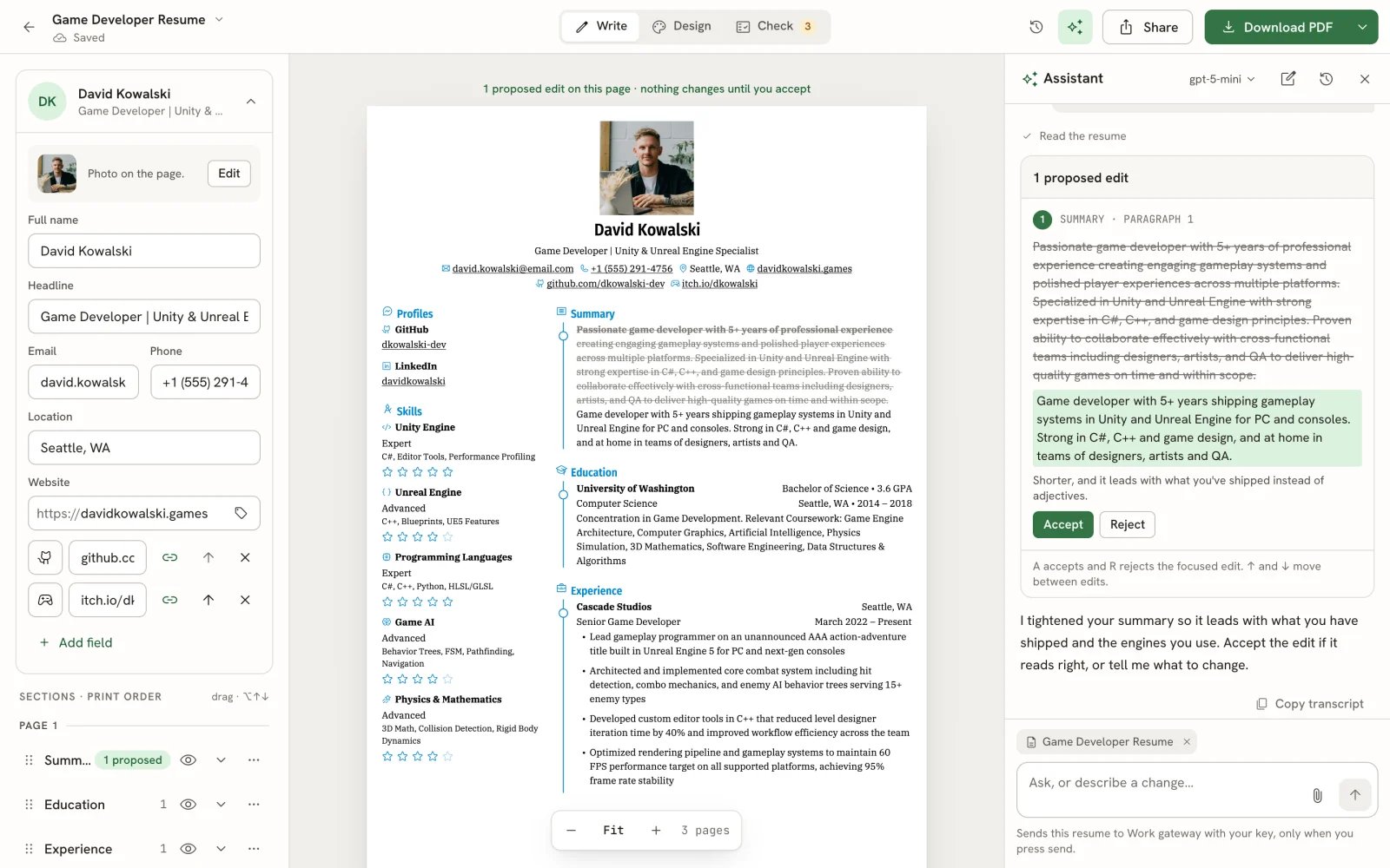 Resume editor where the summary on the page shows the old text struck through and the new text below it, with a banner reading 1 proposed edit on this page · nothing changes until you accept, and the matching card in the Assistant panel