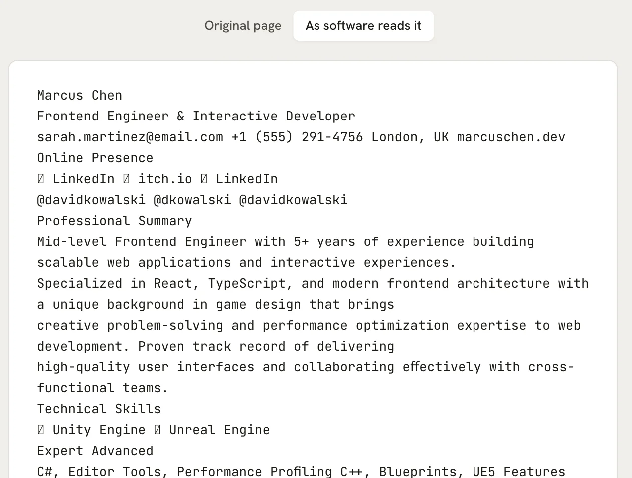 Plain text extracted from the sample resume in a monospace font, with empty box characters where the section icons were
