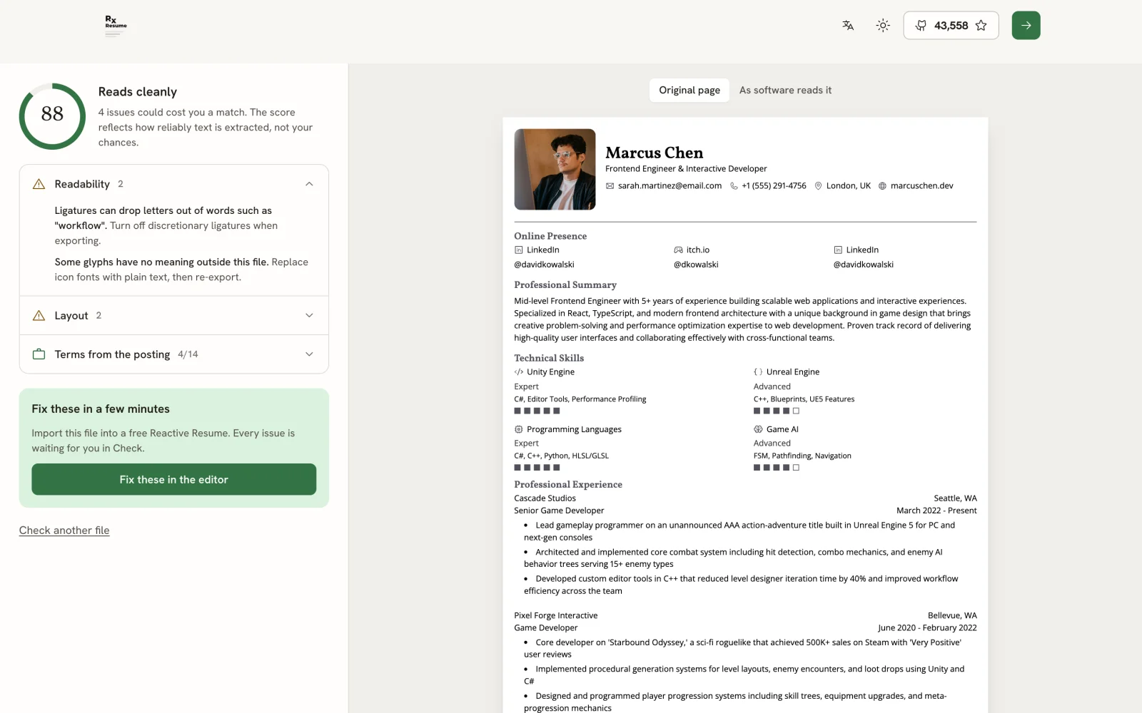 ATS checker results page with a score of 88, Reads cleanly, issue rows for Readability, Layout and Terms from the posting, a Fix these in the editor button, and the sample resume PDF on the right