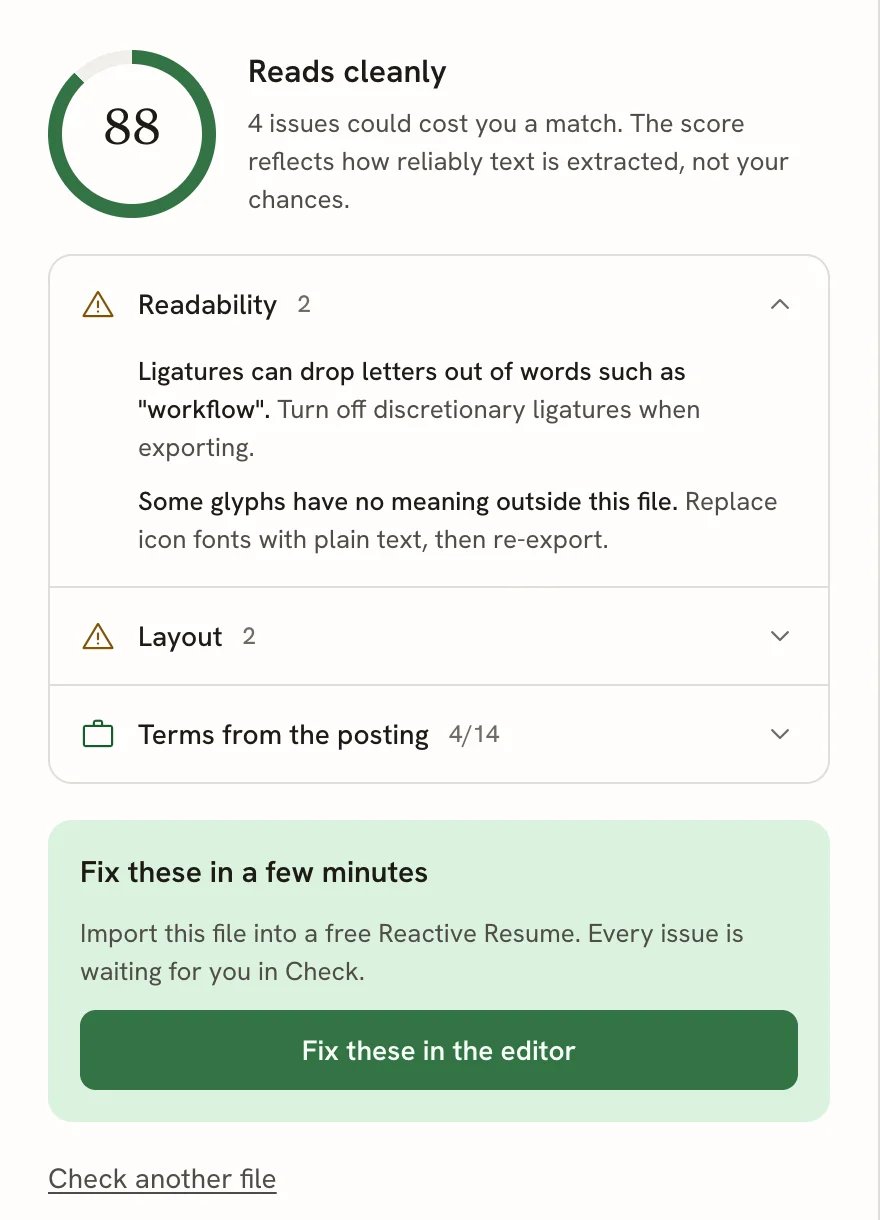 An ATS report grouped by readability, layout and posting terms, followed by a Fix these in the editor button.