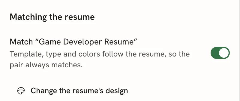 Matching the resume section with the switch Match Game Developer Resume turned on and a link Change the resume's design