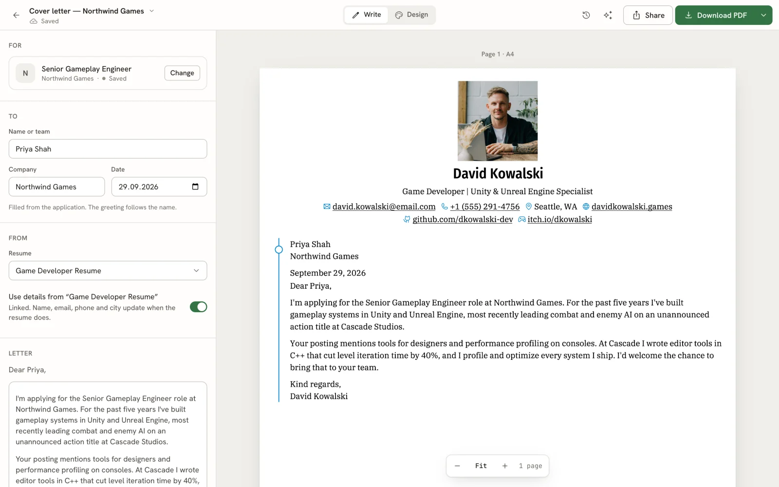 The letter editor with For, To and From sections in the left panel and a printed letter from David Kowalski to Priya Shah at Northwind Games on the right