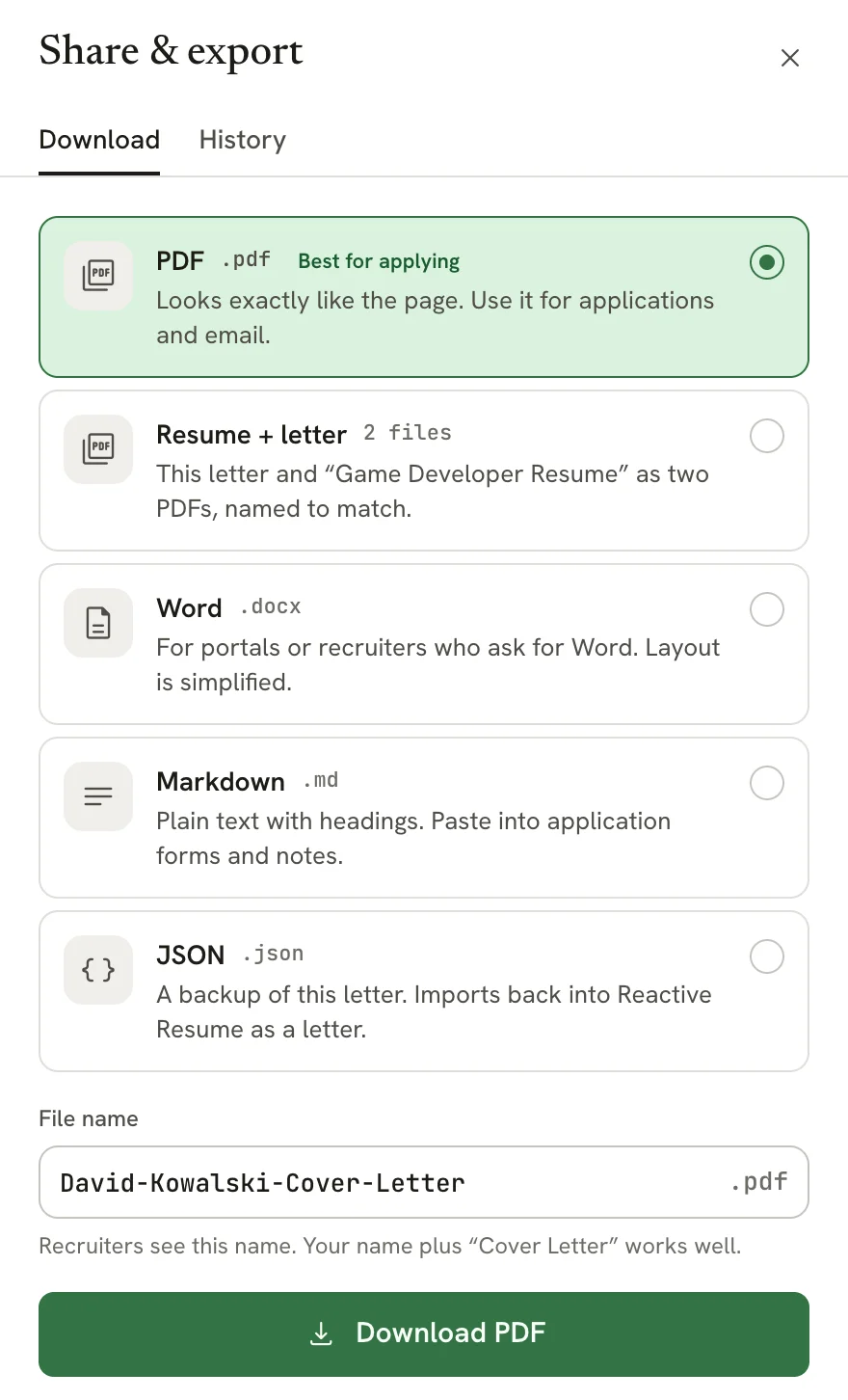 The Share and export sheet for a letter with Download selected, listing PDF, Resume plus letter (2 files), Word, Markdown and JSON, a File name field and a Download PDF button