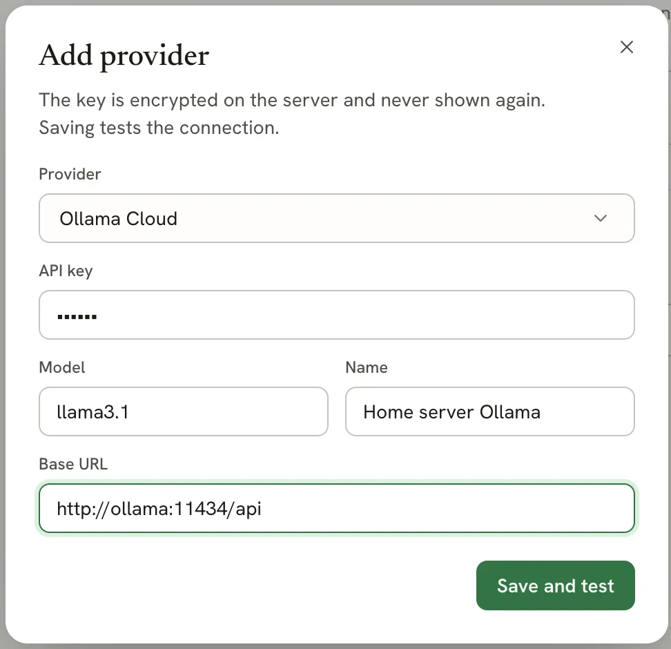 Add provider dialog with Ollama Cloud selected, model llama3.1, name Home server Ollama and base URL http://ollama:11434/api