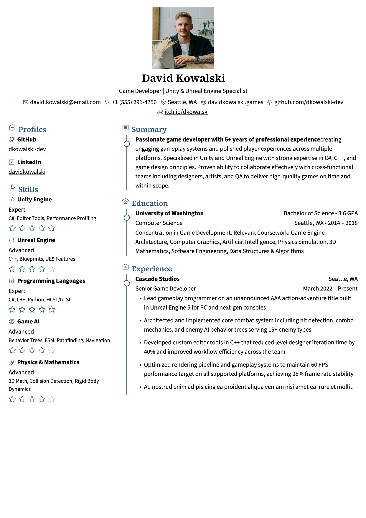 First page of a resume in the Azurill template: centred photo and header, sidebar on the left
