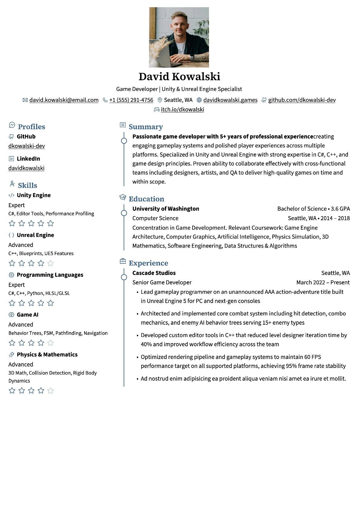 First page of a resume in the Azurill template: centred photo and header, sidebar on the left