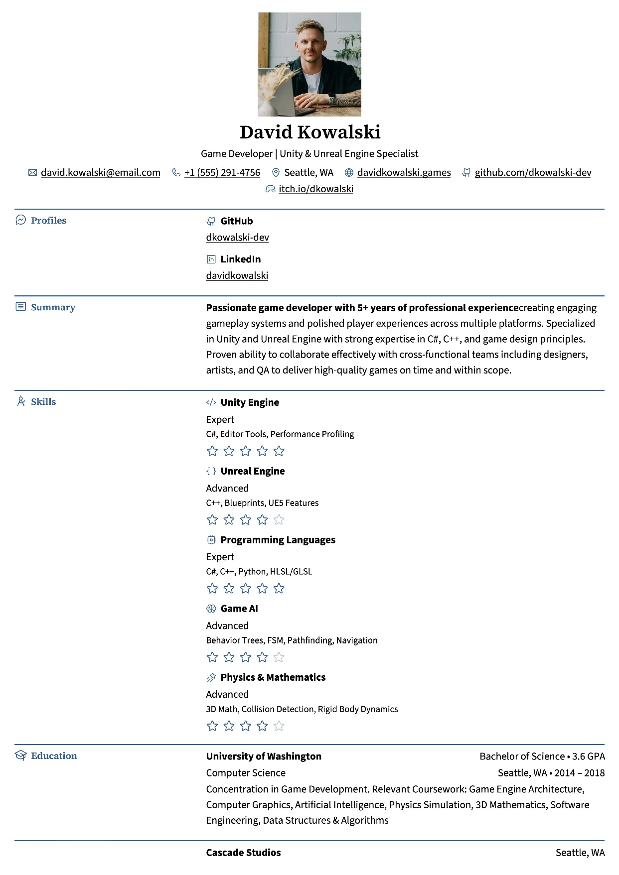 First page of a resume in the Bronzor template: one column with labelled section rows