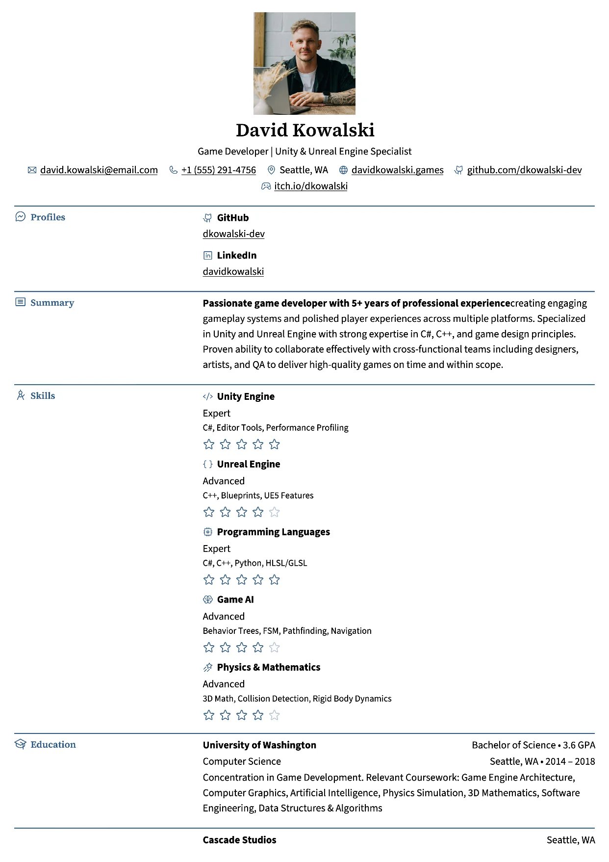 First page of a resume in the Bronzor template: one column with labelled section rows