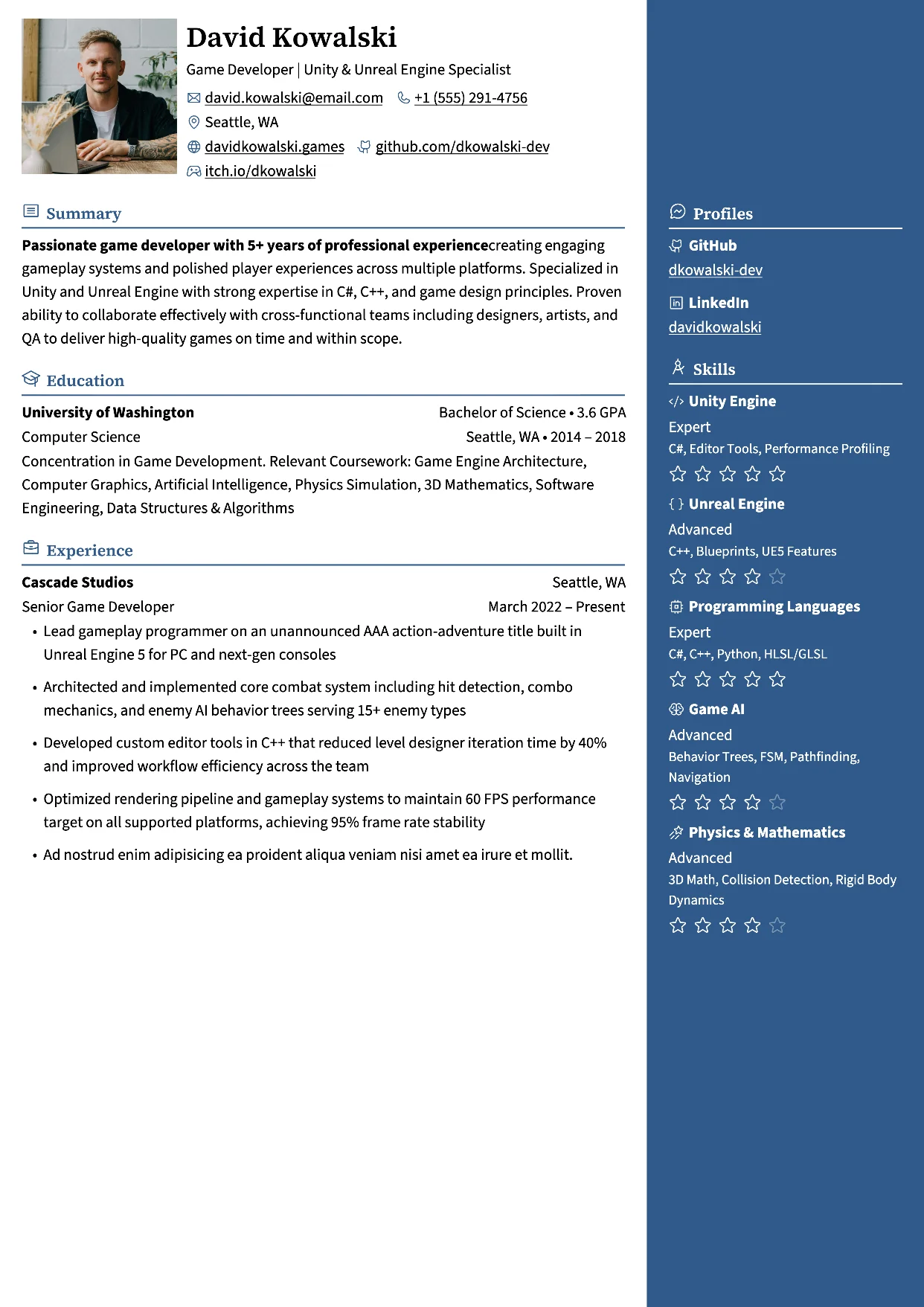 First page of a resume in the Chikorita template: header over the main column and a colored sidebar on the right