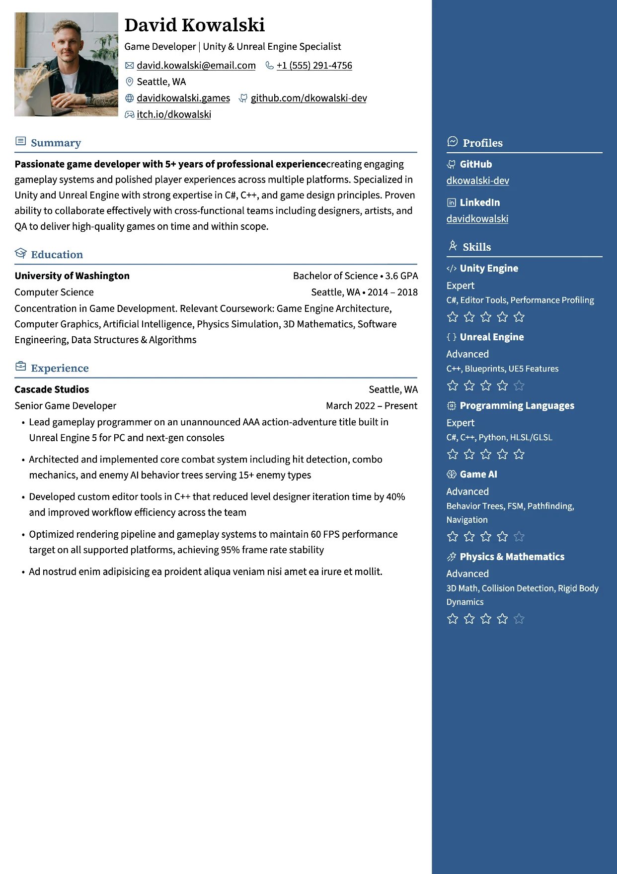 First page of a resume in the Chikorita template: header over the main column and a colored sidebar on the right