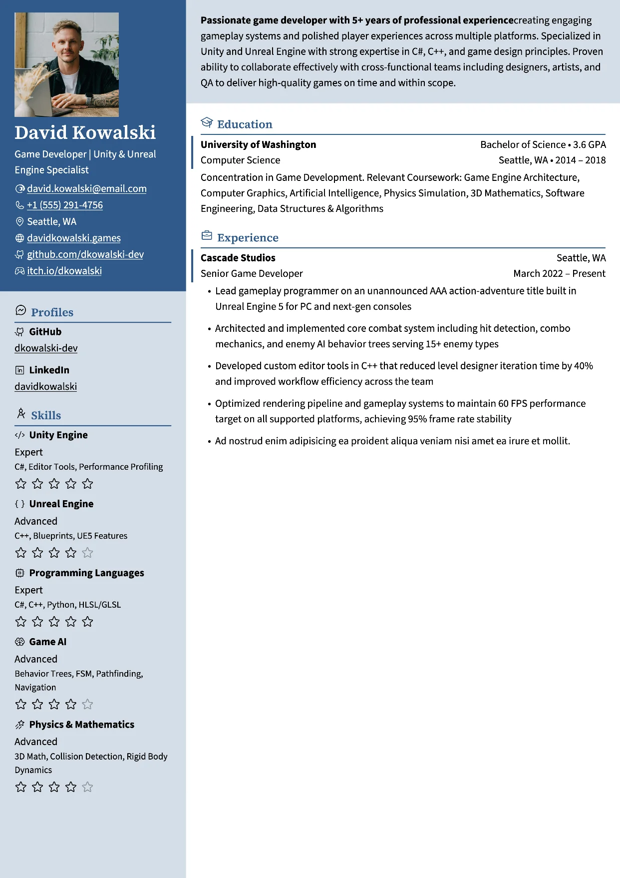 First page of a resume in the Ditgar template: header inside a colored left sidebar