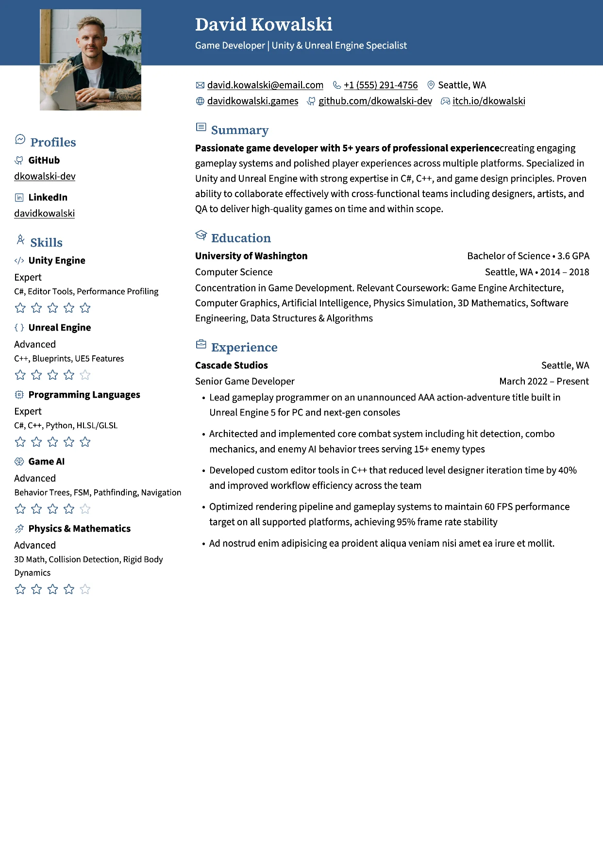 First page of a resume in the Ditto template: colored header band across the page, sidebar on the left