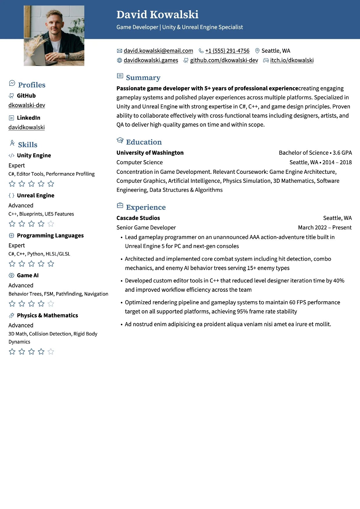 First page of a resume in the Ditto template: colored header band across the page, sidebar on the left