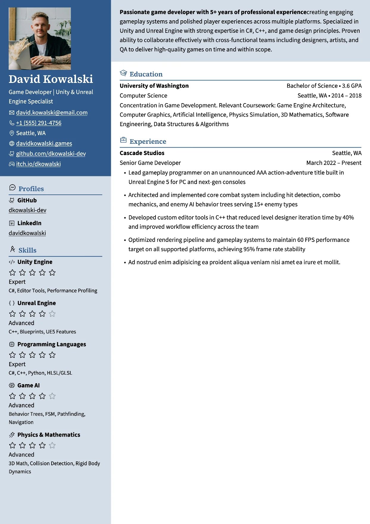 First page of a resume in the Gengar template: header in a colored left sidebar with a tinted summary band