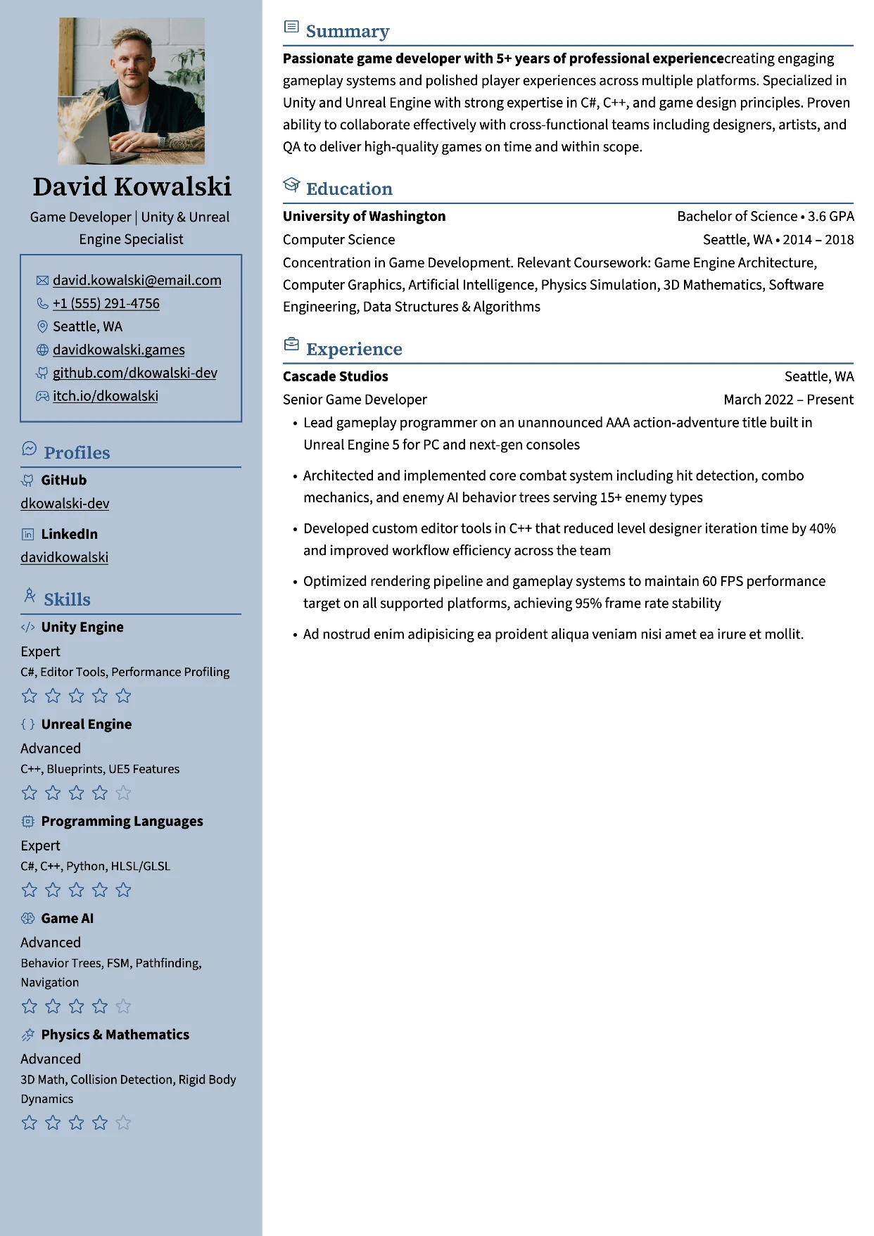 First page of a resume in the Glalie template: header and contact details in a light left sidebar