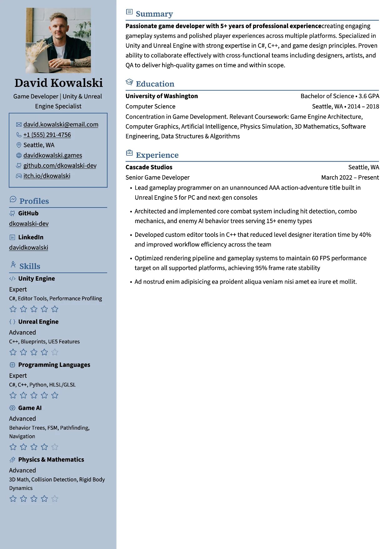 First page of a resume in the Glalie template: header and contact details in a light left sidebar