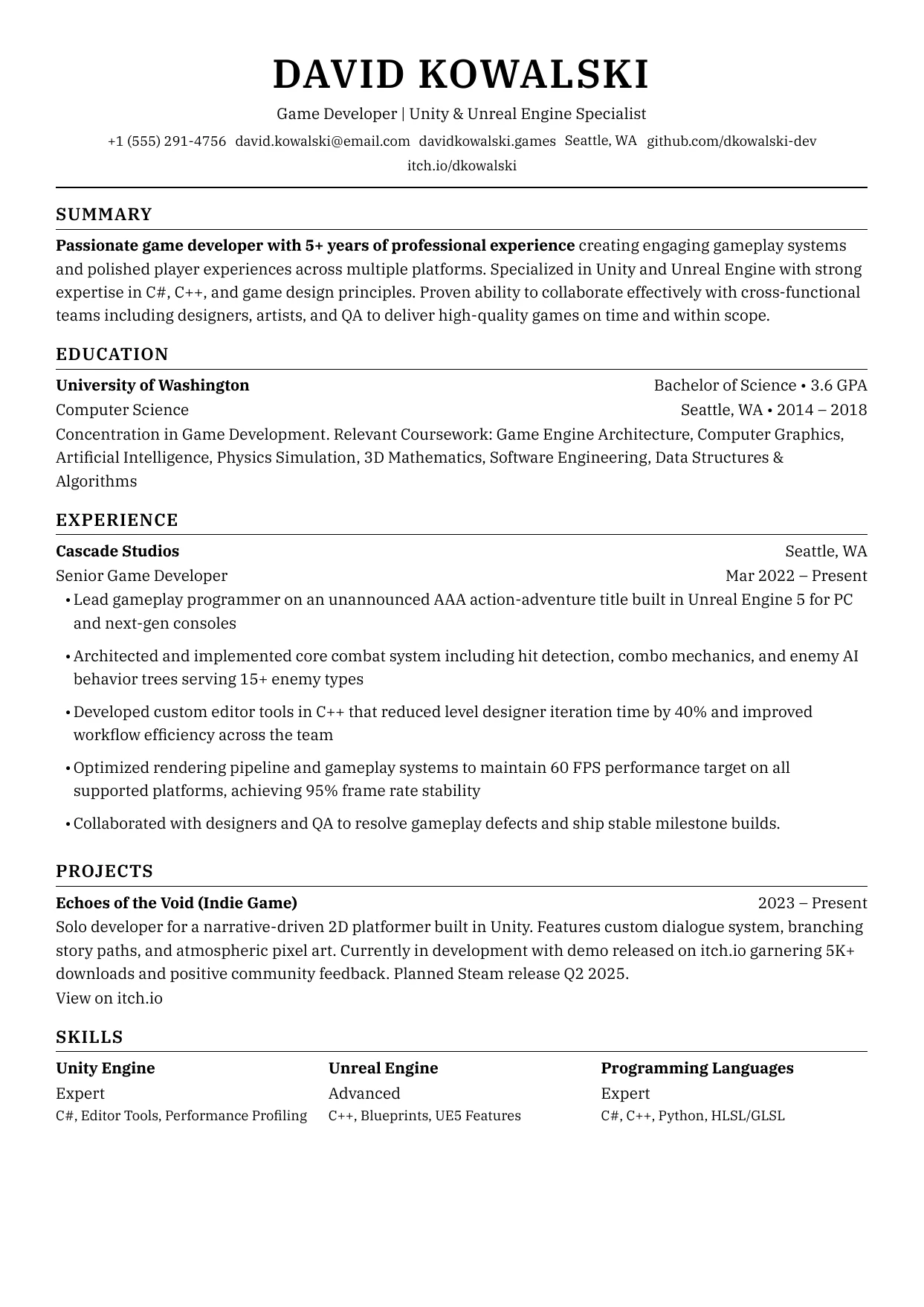 First page of a resume in the Persian template: compact centered serif letterhead without a photo, uppercase section headings, thin section rules, and one column