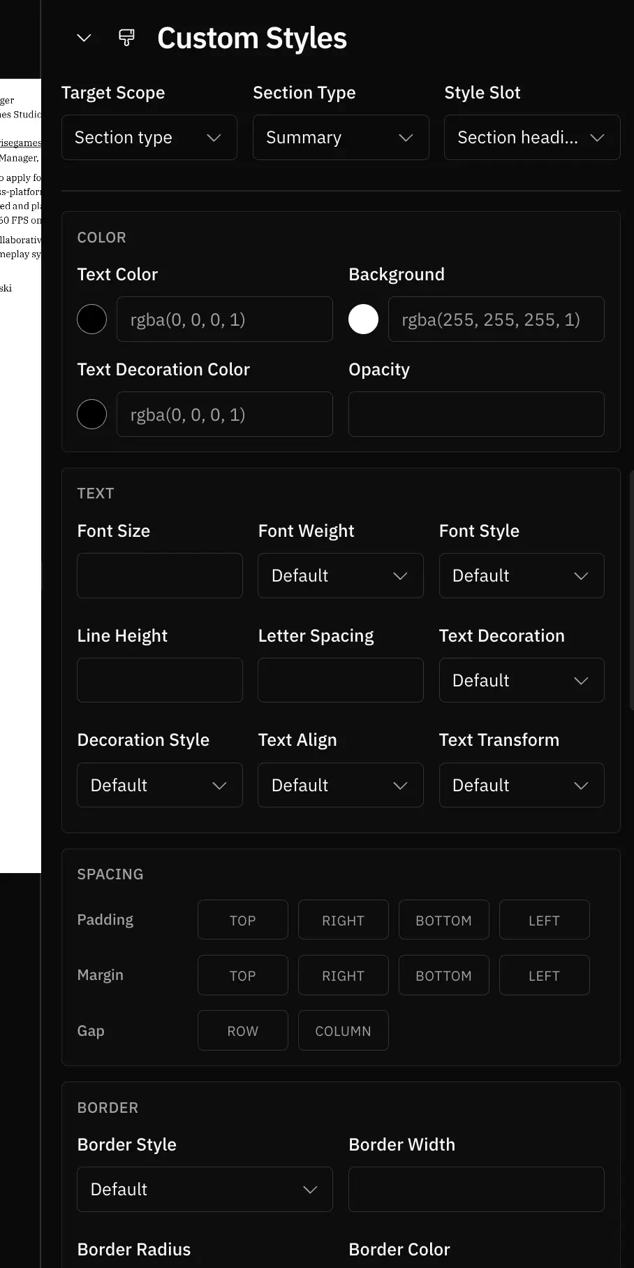 Custom Styles section in the right sidebar with target scope, style slot, style controls, and applied rules