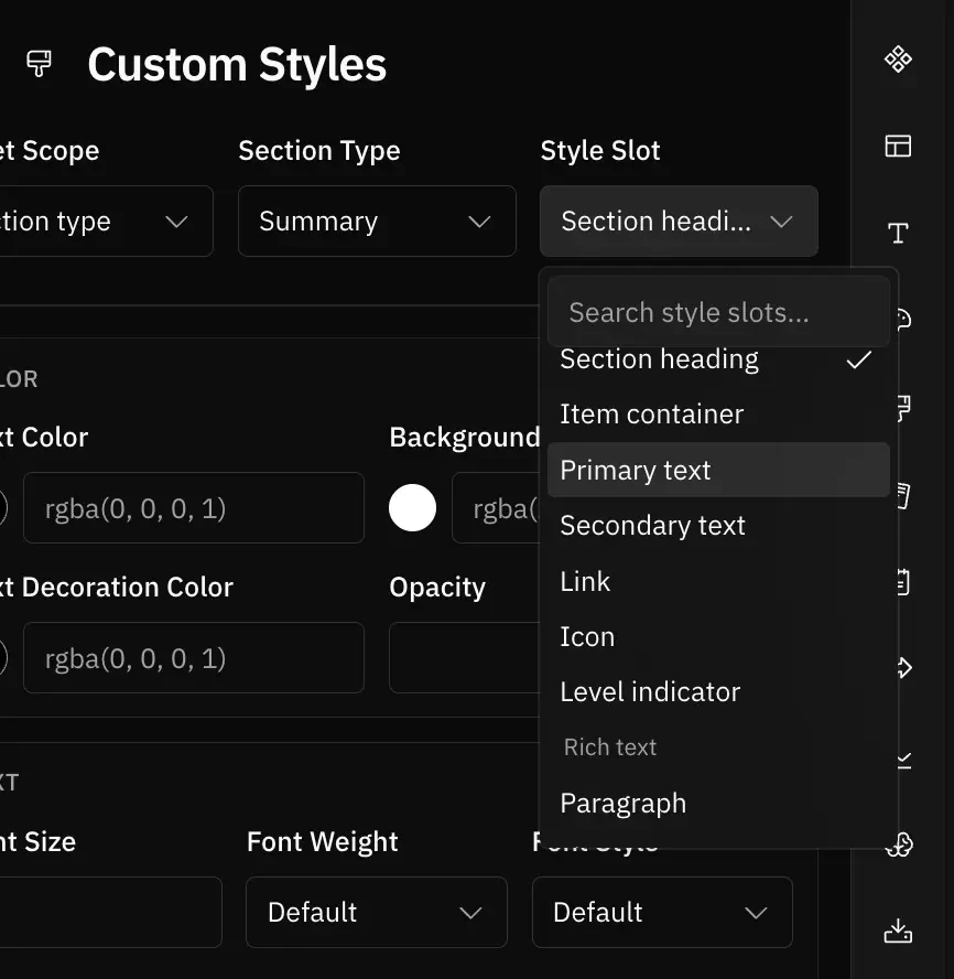 Target Scope and Style Slot selectors showing All sections, Section type, Specific section, and grouped style slots