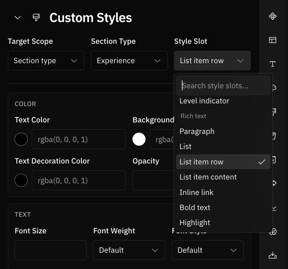 Custom Styles target controls with Section type selected and Experience chosen as the target
