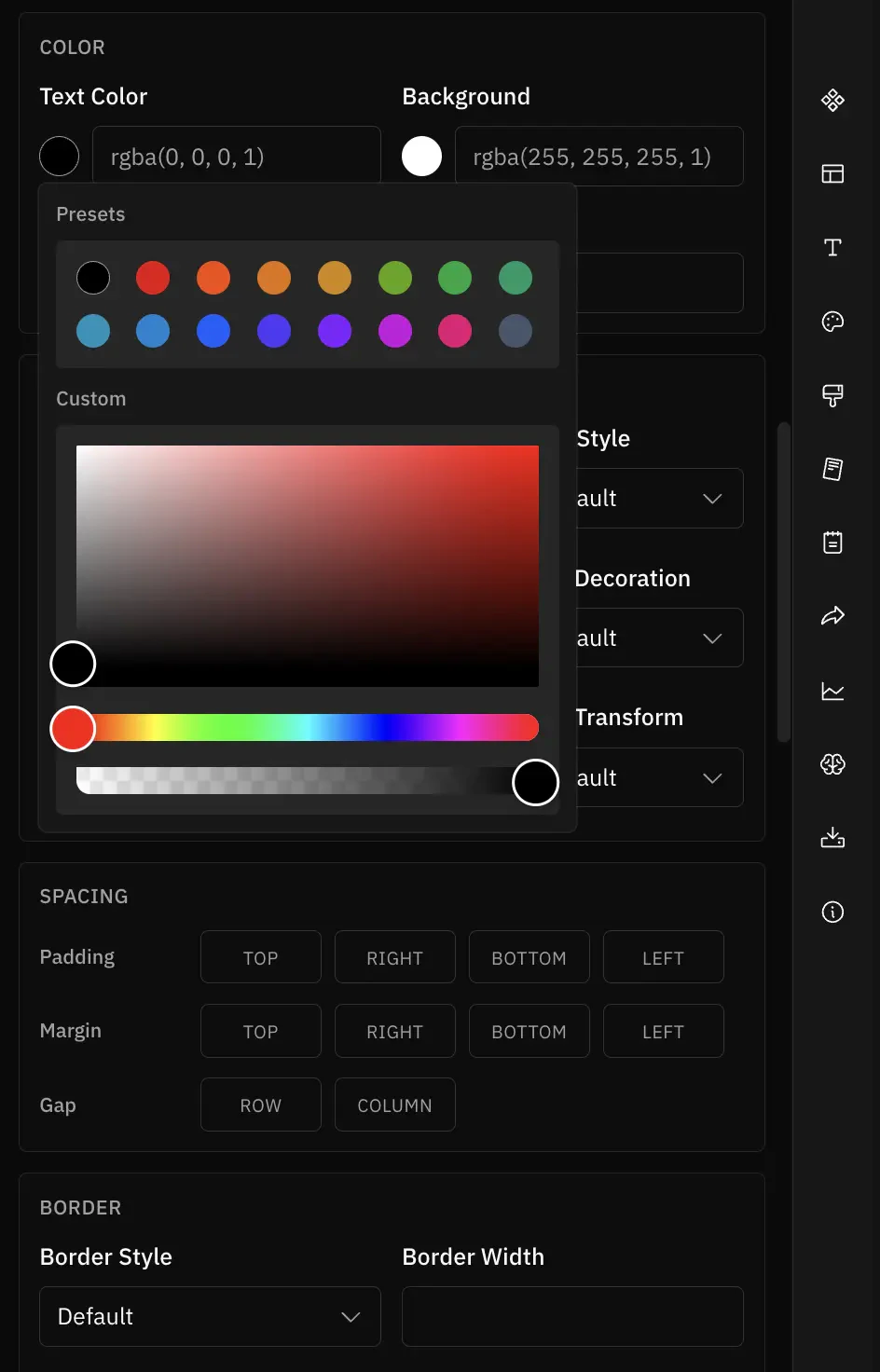 Custom Styles controls grouped into Color, Text, Spacing, and Border panels