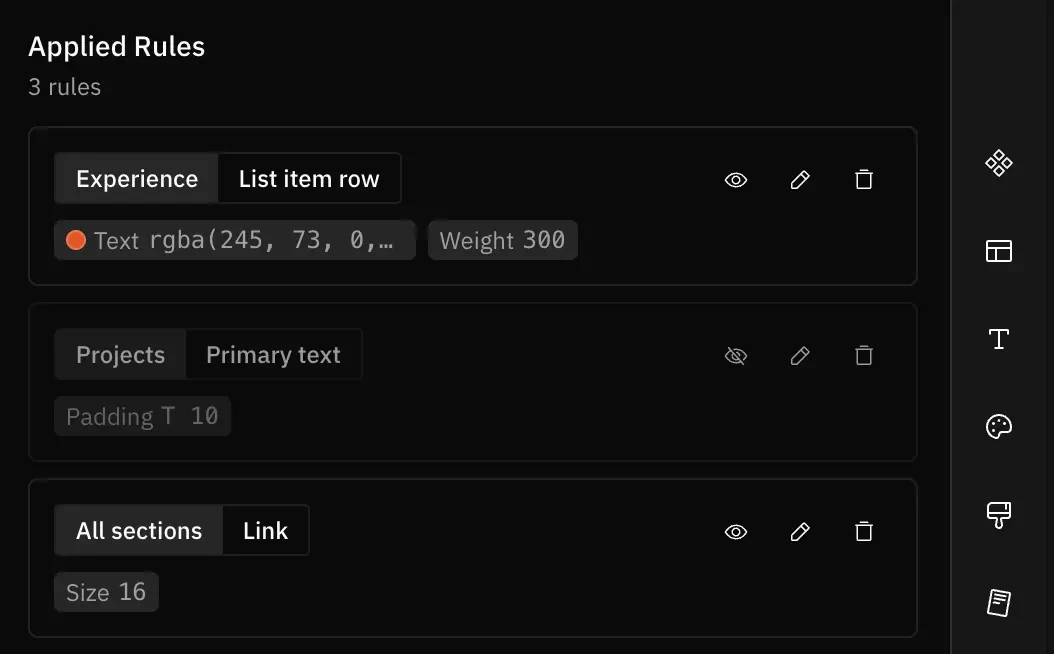 Applied Rules list showing enabled and disabled custom style rules with edit and delete actions