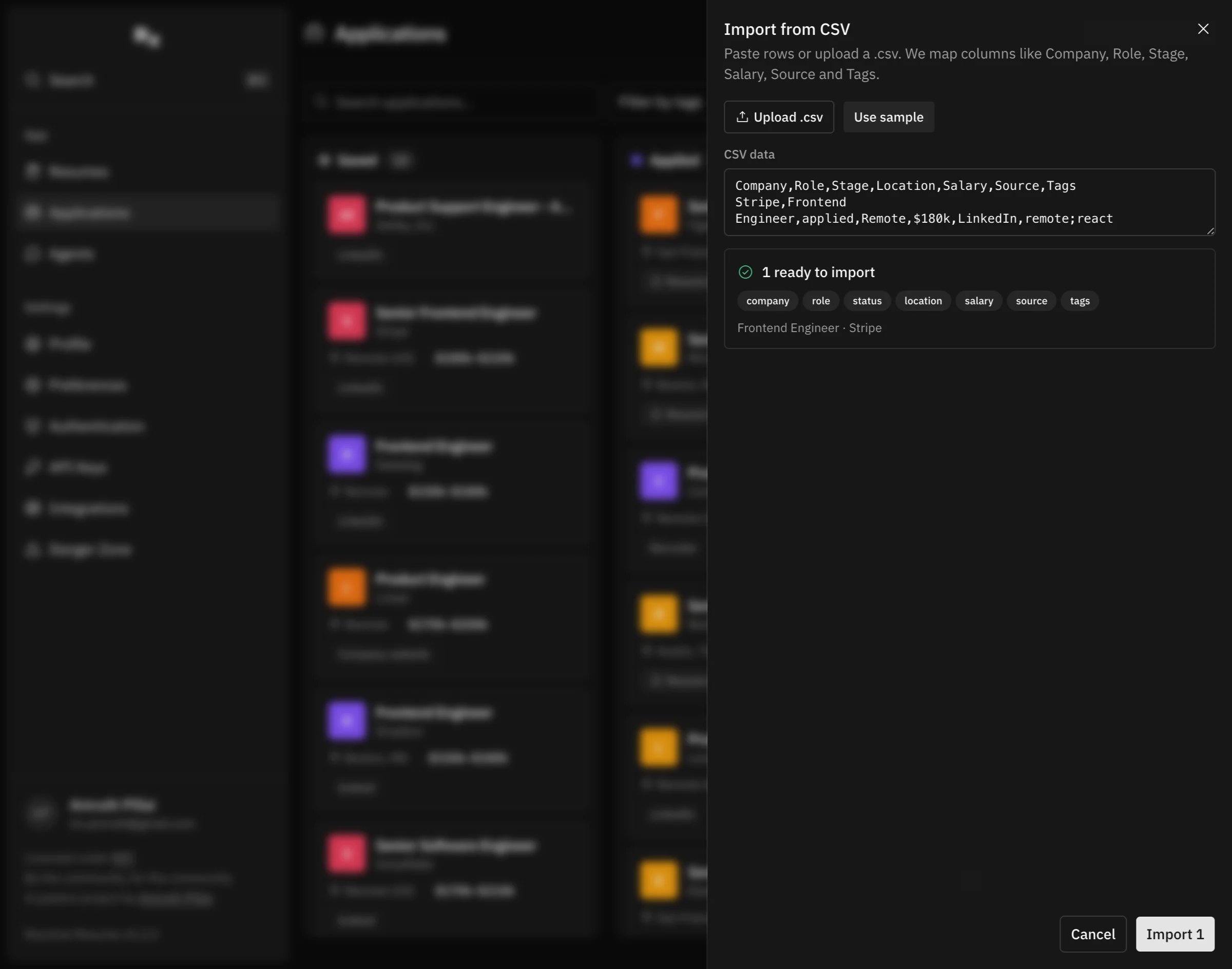 CSV import sheet showing upload, pasted CSV rows, recognized fields, and one application ready to import