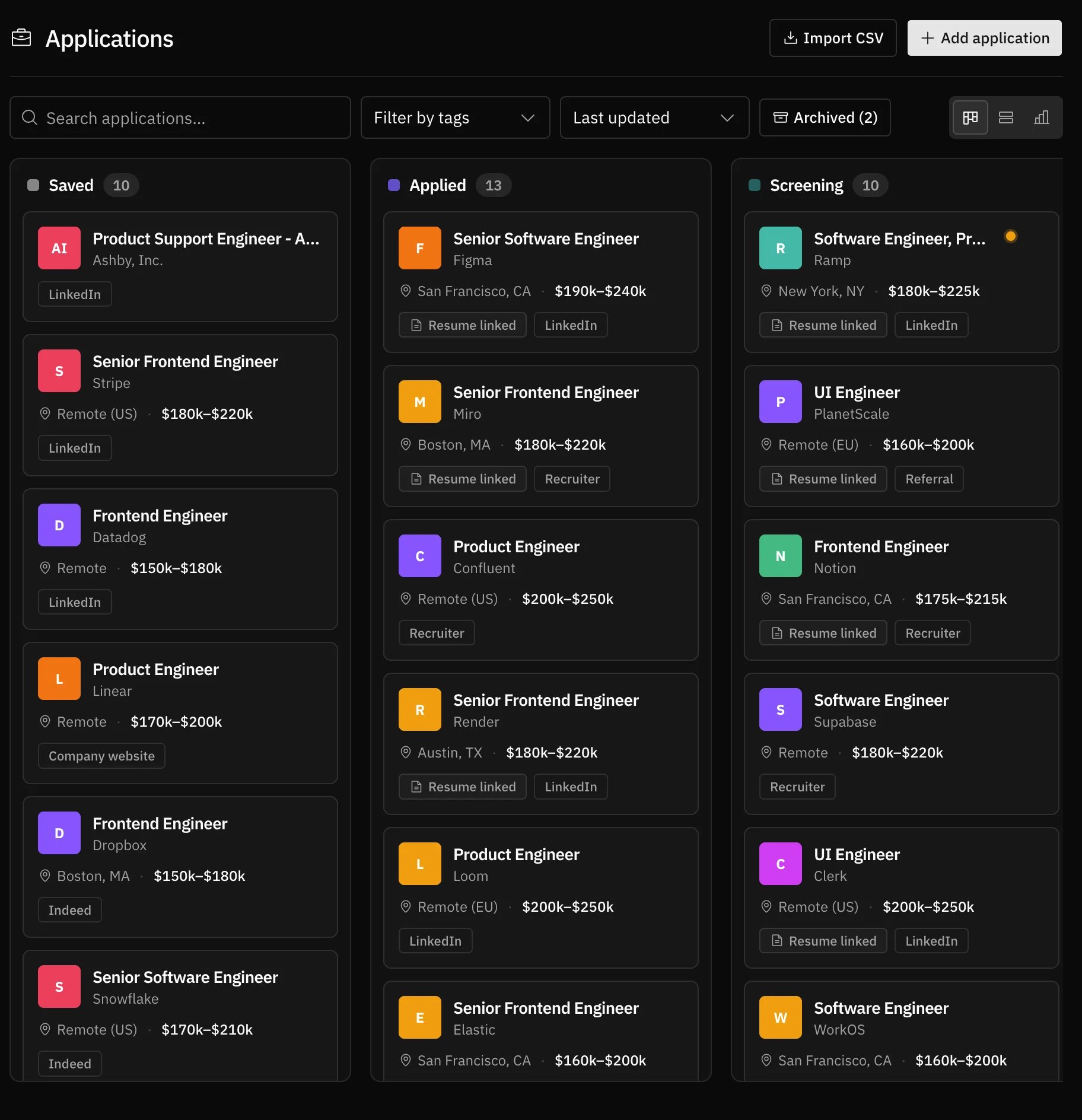 Application Tracker showing search, tag filters, board columns, and application cards grouped by stage