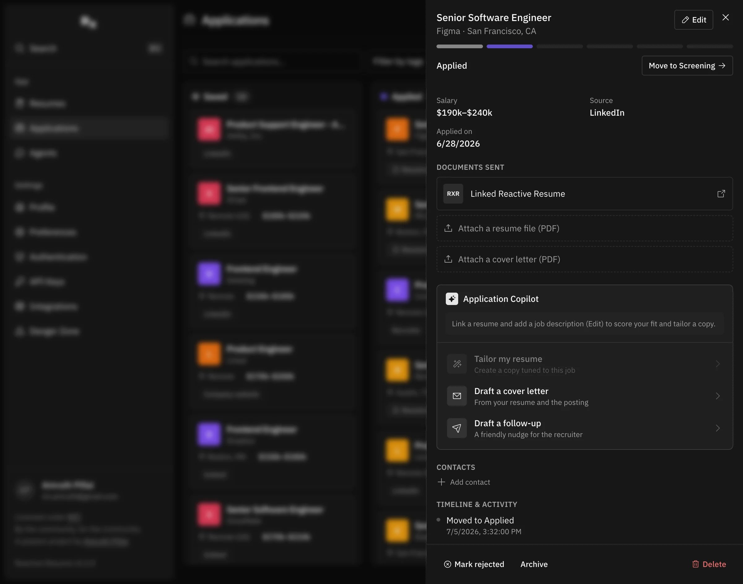 Application detail panel showing stage progress, linked resume, Application Copilot, contacts, and timeline activity