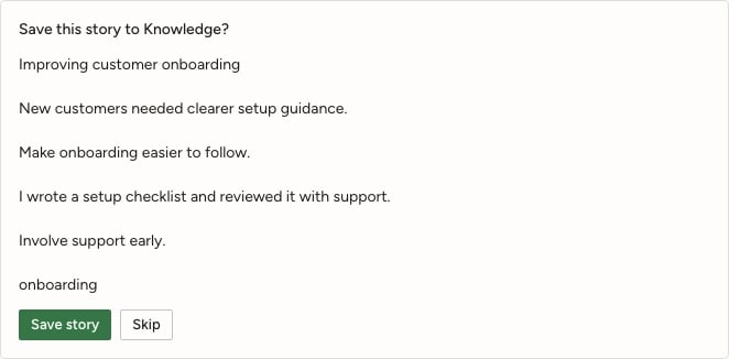 Coach showing a fictional onboarding story with Save story and Skip buttons; nothing has been saved yet