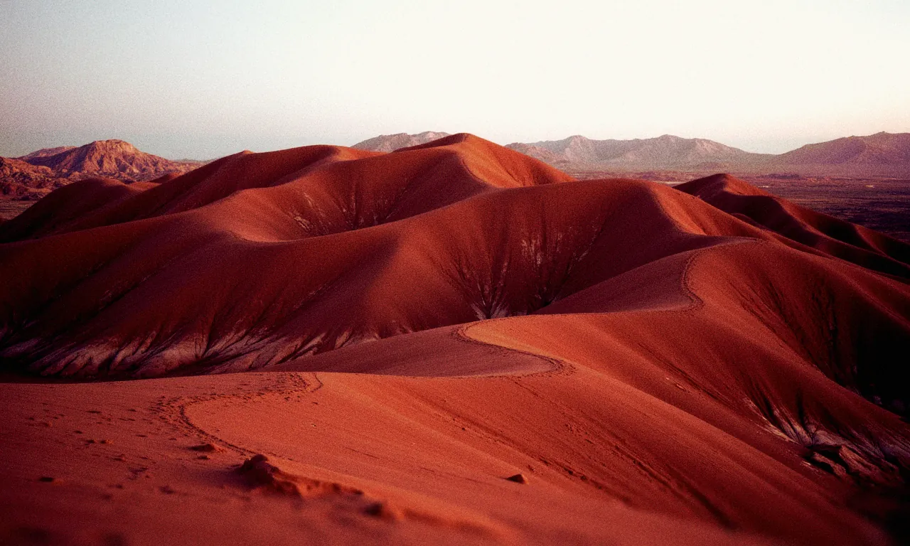Rolling red sand dunes at dusk
