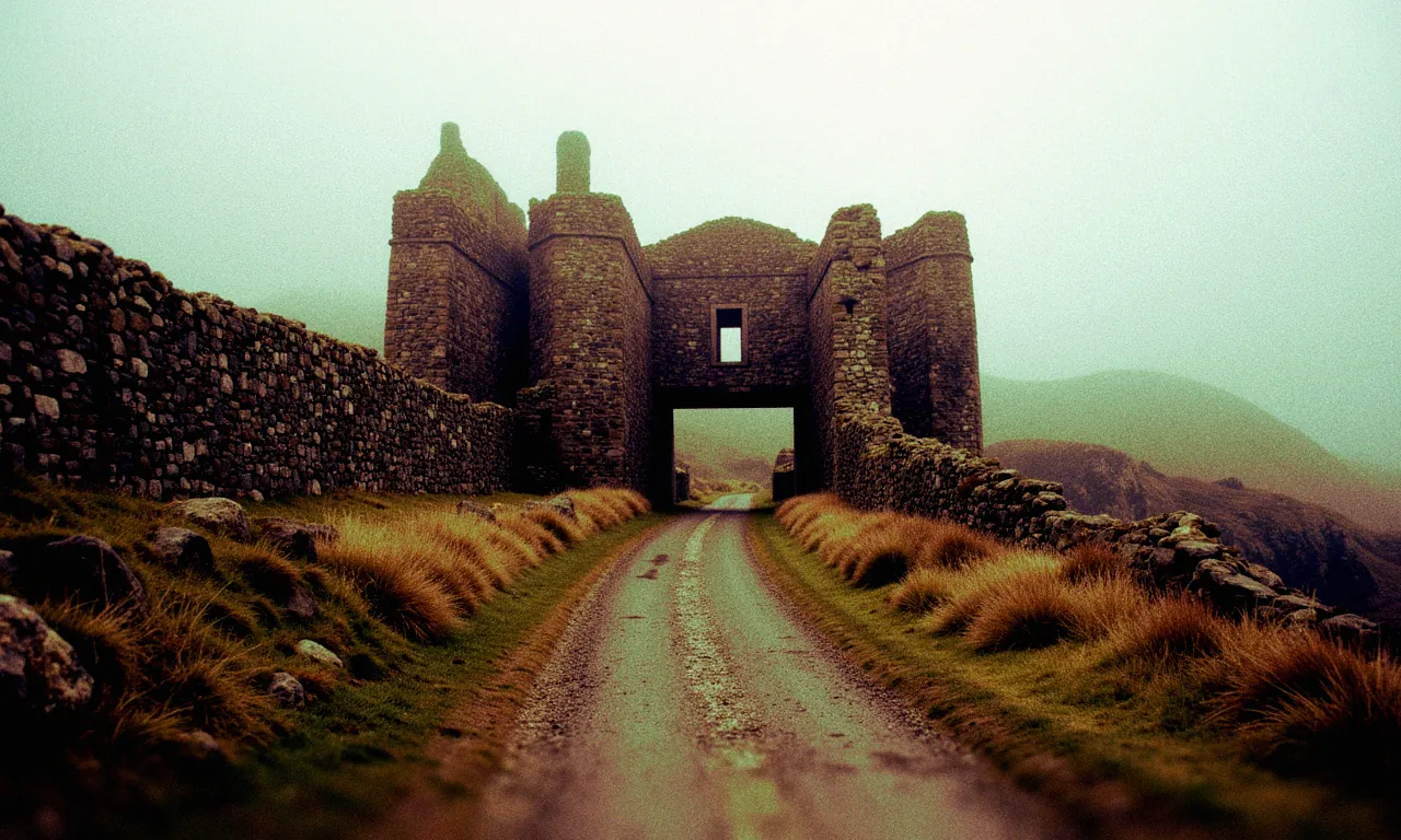 A weathered stone gateway arching over a dirt track through misty highlands