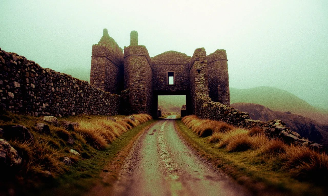 A weathered stone gateway arching over a dirt track through misty highlands