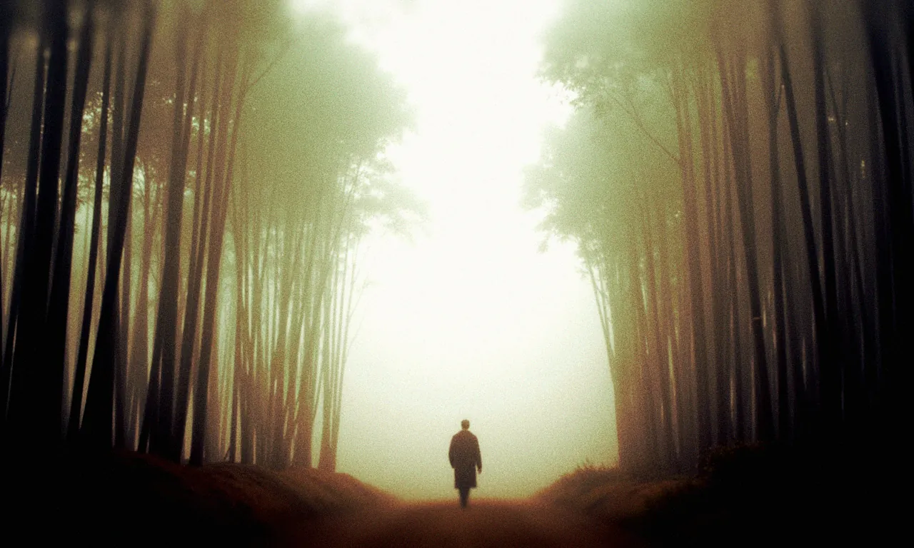 A lone figure walking down a misty avenue of tall trees