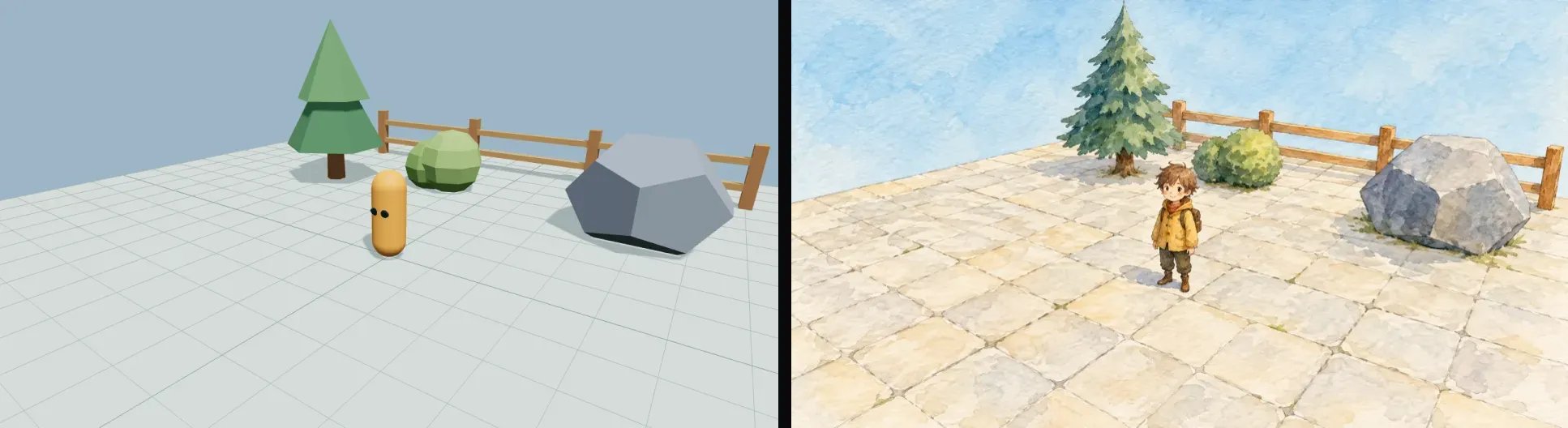 A capsule on a grid next to a watercolor traveler on a stone terrace