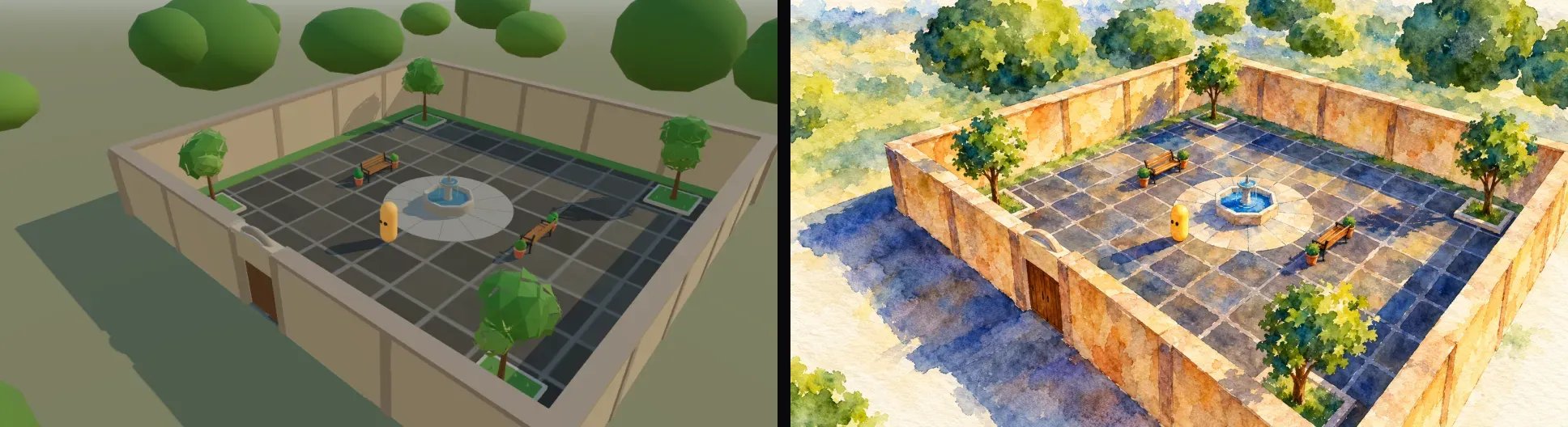 A primitive courtyard next to a watercolor courtyard