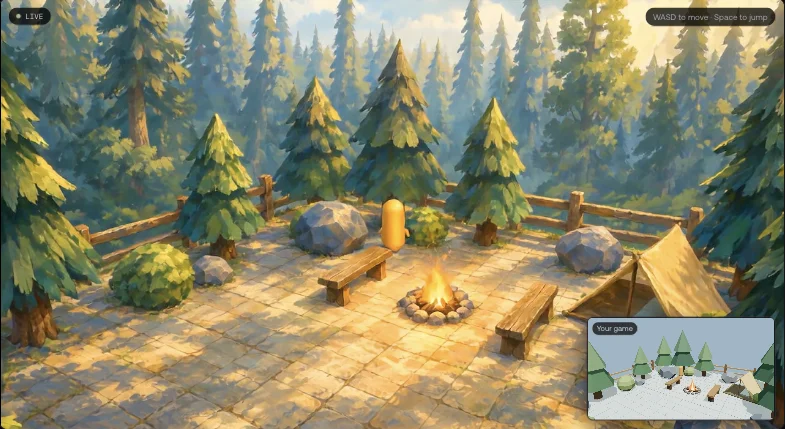 A generated woodland camp streamed from a local game
