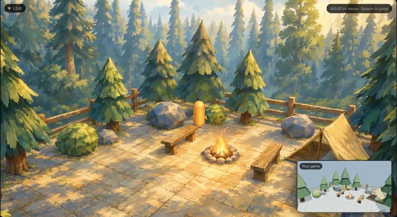 A generated woodland camp streamed from a local game