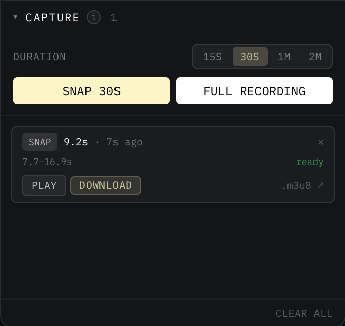 The Demo Frontend's Capture panel, showing the duration presets, Snap and Full Recording buttons, and a captured clip with Play and Download actions.