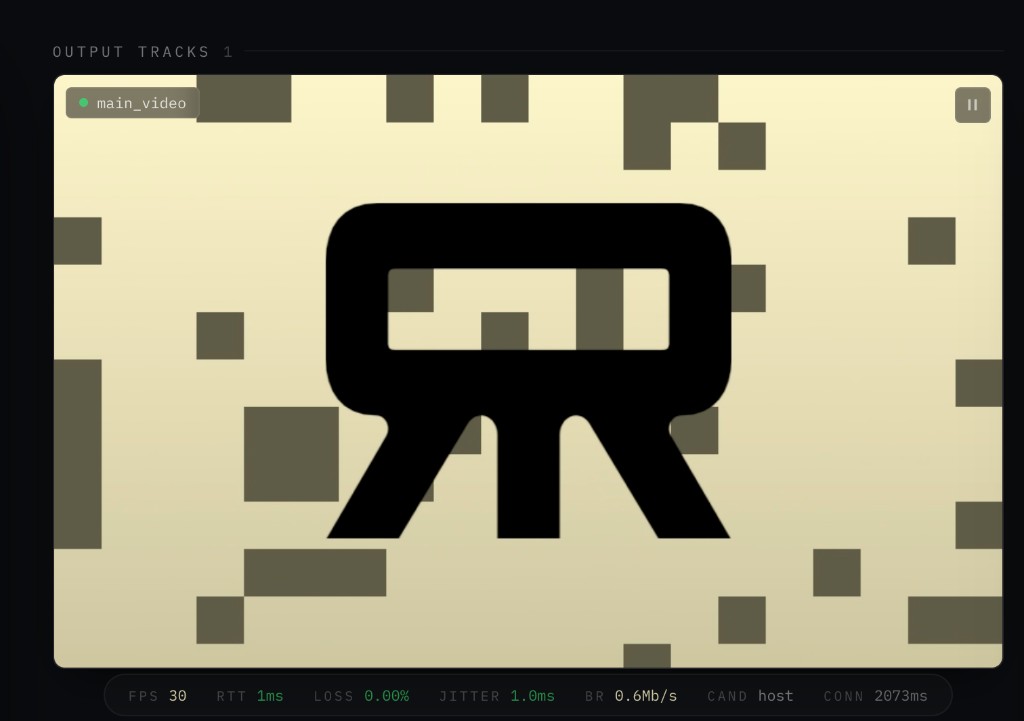 The Reactor Sandbox showing the main_video track: the Reactor mark over a field of static, with FPS 30, 1 ms round trip, and a host candidate in the stats bar.