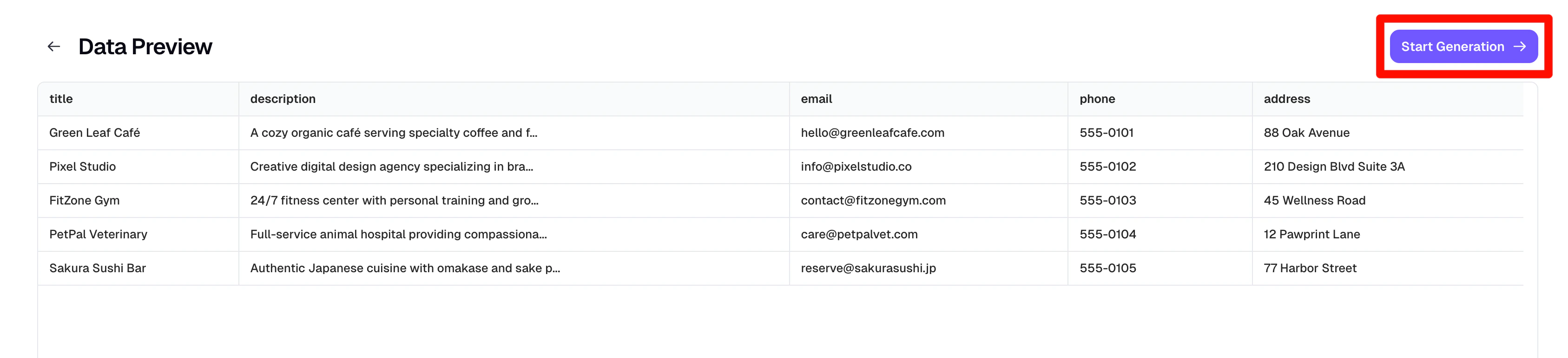 Data preview page with Start Generation button